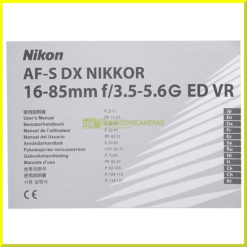 Manuale originale per Nikon AF-S Nikkor 16/85mm f3,5-5,6 G ED VR (I E G F S J)