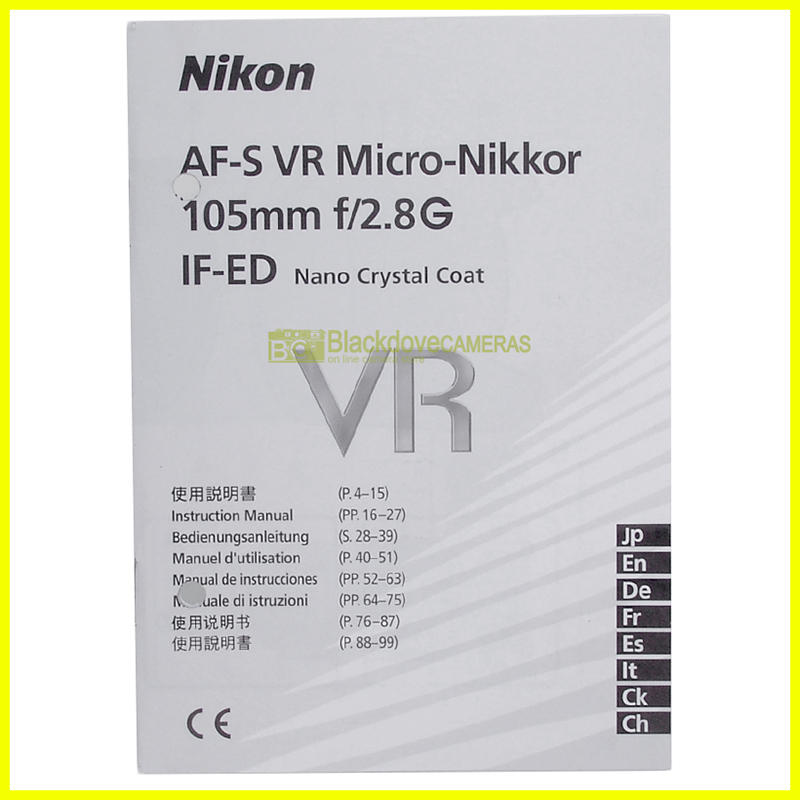 Manuale originale per Nikon AF-S Micro Nikkor 105mm f2,8 G ED VR (I E G F S J)