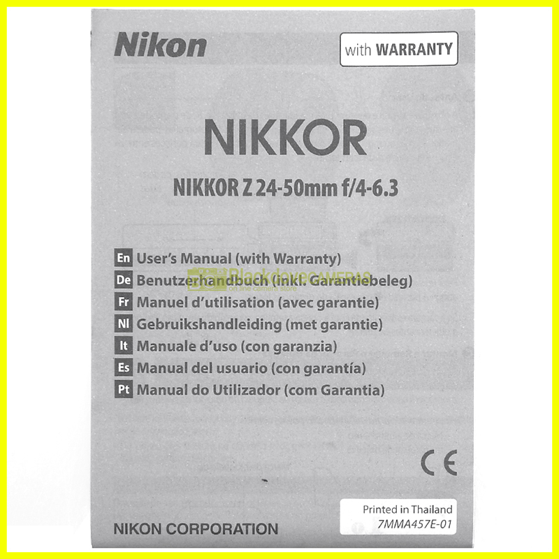 Manuale originale per Nikon Nikkor Z 24/50mm. f4-6,3  (Italiano E G F S J)