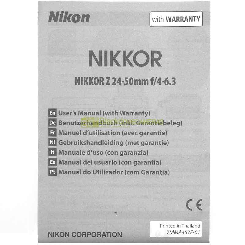 Manuale originale per Nikon Nikkor Z 24/50mm. f4-6,3  (Italiano E G F S J)
