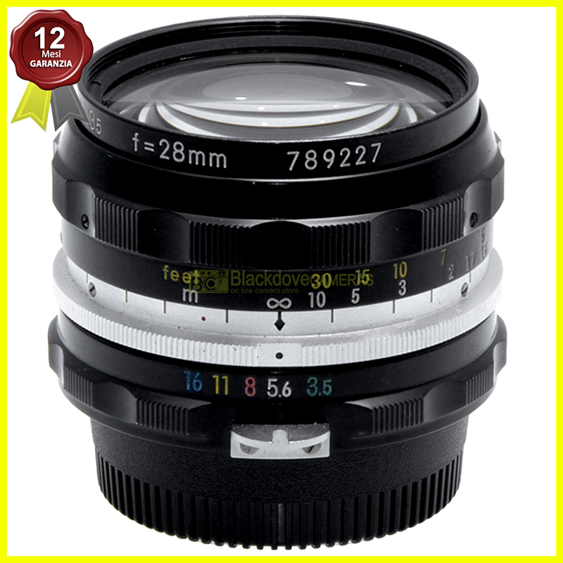 Nikon Nikkor H Auto 28mm. f3,5. Obiettivo per fotocamere innesto F a forcella.